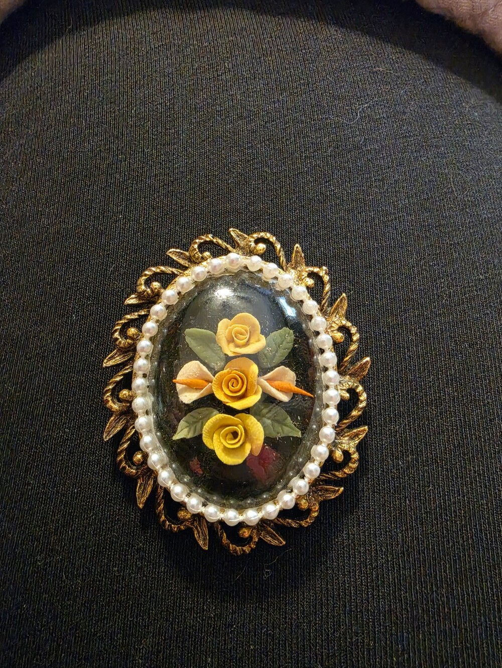 Vintage-Inspired Gold Floral Cameo Brooch with Yellow Rose Accents